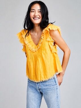 Faherty Yosepha Marigold Frayed V-Neck Linen Top